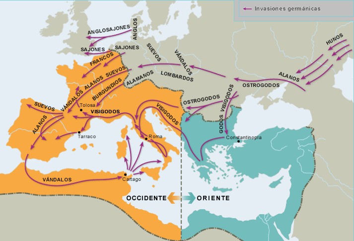 Resultado de imagen de mapa de la división del imperio romano y pueblos germanos